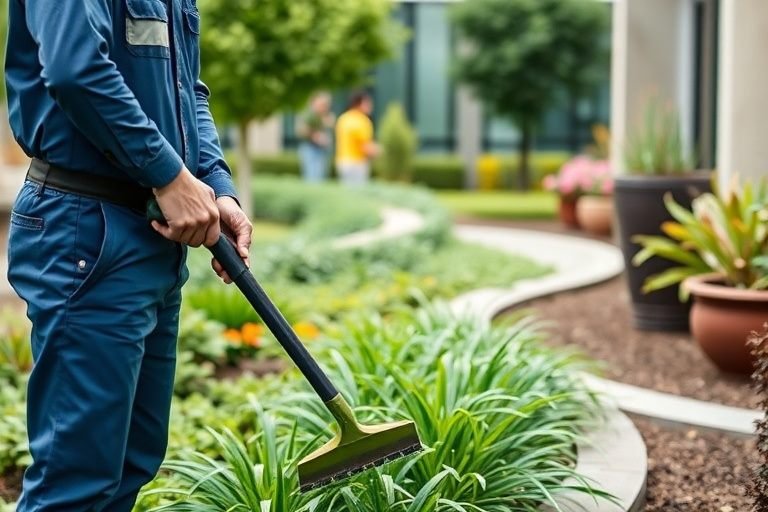 Profissional cuidando de canteiros e áreas verdes